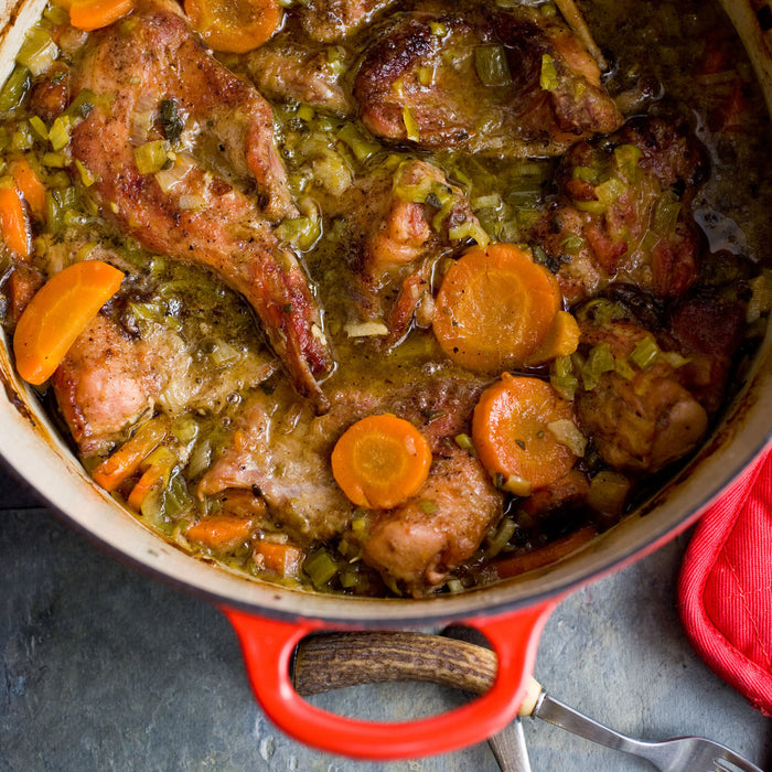 Camp Oven Braised Rabbit with Vegetables