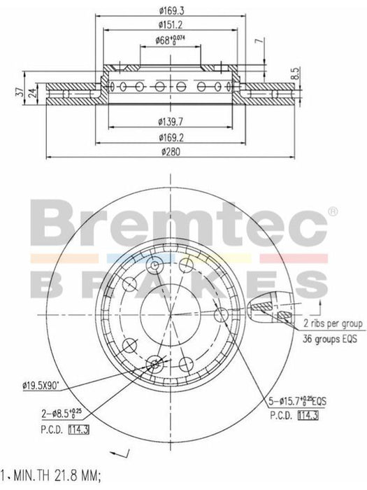 Bremtec Euro-Line 280mm Disc Rotor Pair BDR21950EL Brake Disc Brake Rotor (Single) Bremtec    - Micks Gone Bush