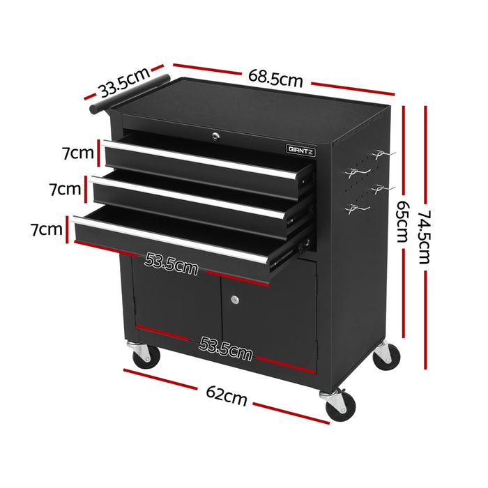 Giantz 3 Drawer Steel Tool Trolley with Lockable Cabinet and Omni-Directional Castors Tools > Tools Storage Giantz    - Micks Gone Bush