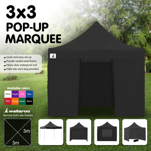 Wallaroo Gazebo Tent Marquee 3x3 PopUp Outdoor Black Home & Garden > Shading Micks Gone Bush    - Micks Gone Bush