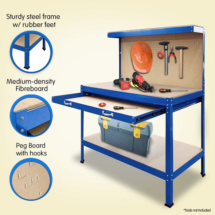 Kartrite Heavy-Duty Steel Workbench with Organizer Drawer and Pegboard Shelf Tools > Tools Storage Kartrite    - Micks Gone Bush