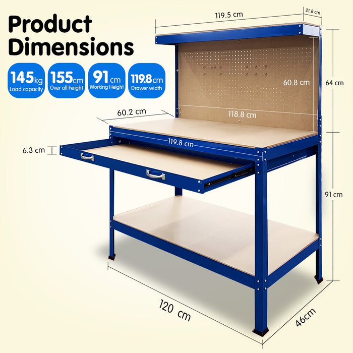 Kartrite Heavy-Duty Steel Workbench with Organizer Drawer and Pegboard Shelf Tools > Tools Storage Kartrite    - Micks Gone Bush