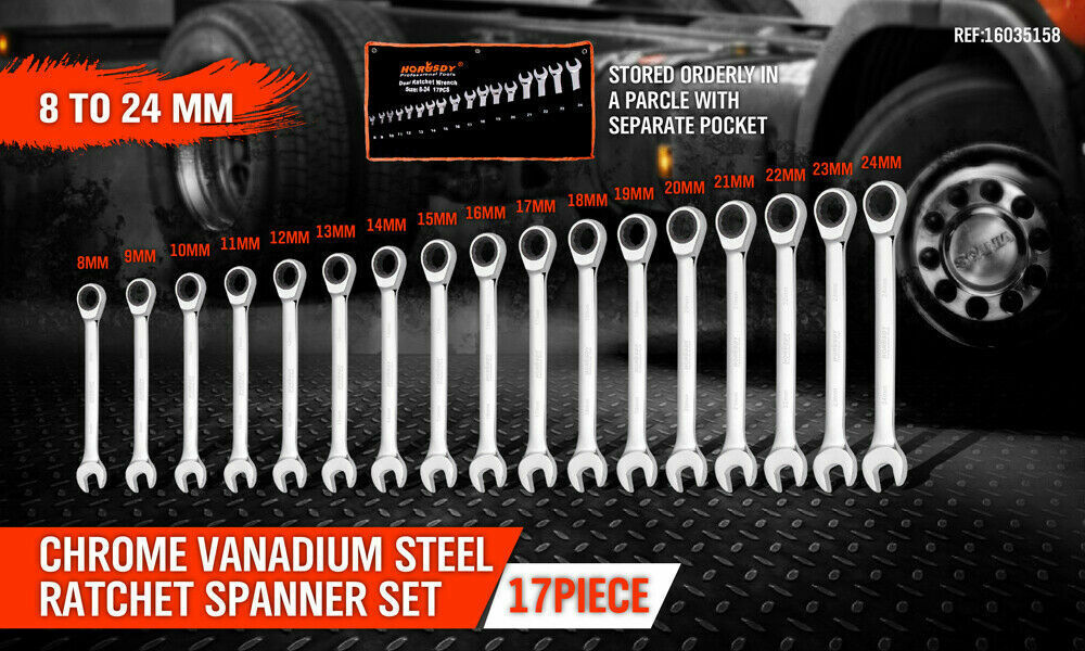 Master Your Work 17Pc Metric Ratchet Spanner Set with Open End Ring 8-24mm Tools > Other Tools Micks Gone Bush    - Micks Gone Bush