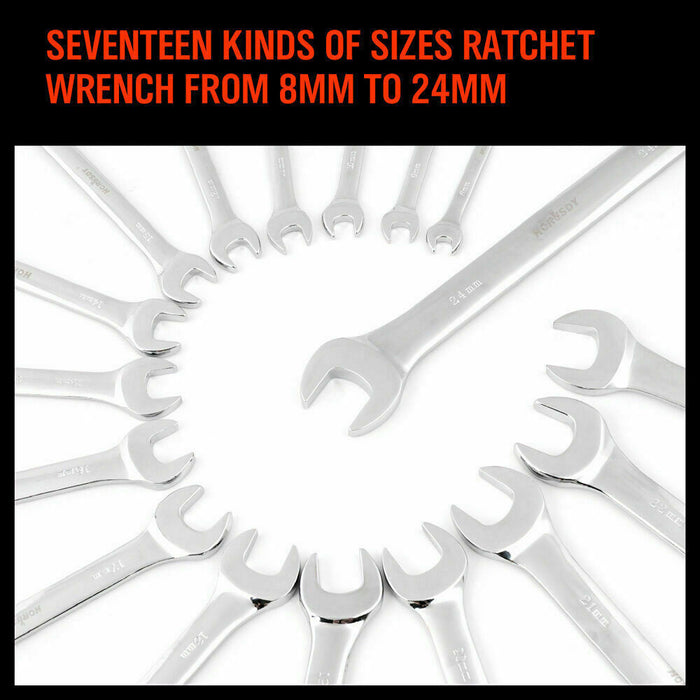 Master Your Work 17Pc Metric Ratchet Spanner Set with Open End Ring 8-24mm Tools > Other Tools Micks Gone Bush    - Micks Gone Bush